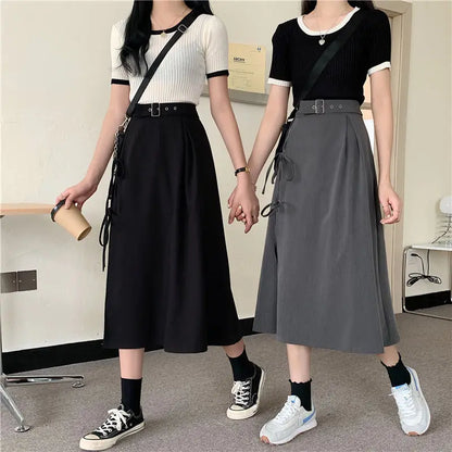 Vintage Dark Gothic High Split Mid-Calf Skirts Women Elegant Fashion Party Club High Waist Femme Bottom Streetwear Goth Skirt
