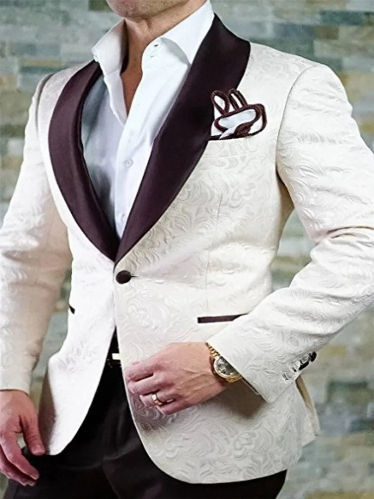 White Pattern Groom Tuxedos Shawl Satin Lapel Men Suits 2 Pieces Wedding Bridegroom ( Jacket + Pants + Tie  ) D201