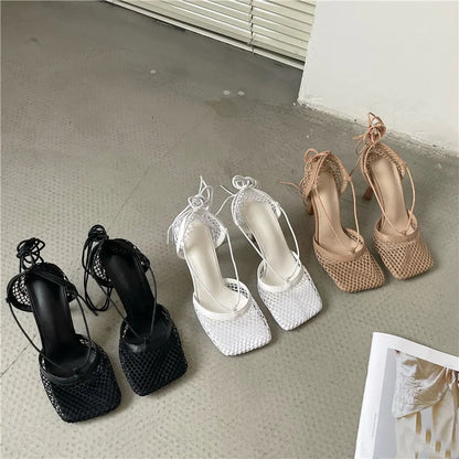 White Hollow Mesh Woman Pumps Sandals Square Toe High Heel Ankle Lace Up Cross-tied Party Dress Female Shoes