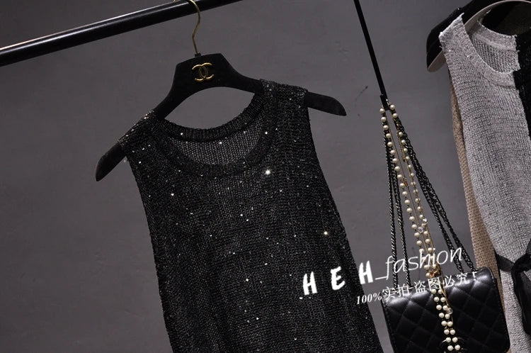 Sexy Shiny Gold Silver Knitted Tank Tops Women Bling Bling Sequined Tassels Knitted Vest  All Neon Store Clothes  Korean