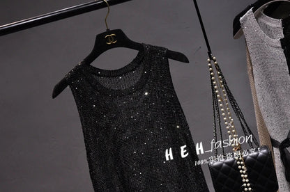 Sexy Shiny Gold Silver Knitted Tank Tops Women Bling Bling Sequined Tassels Knitted Vest  All Neon Store Clothes  Korean
