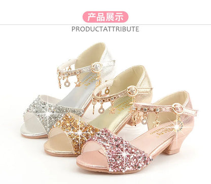 Girls Sandals Children Crystal Shoes 2023 Summer Kids Glitter Shoes High Heels Sequined Rhinestone Pendants Open Toes Princess