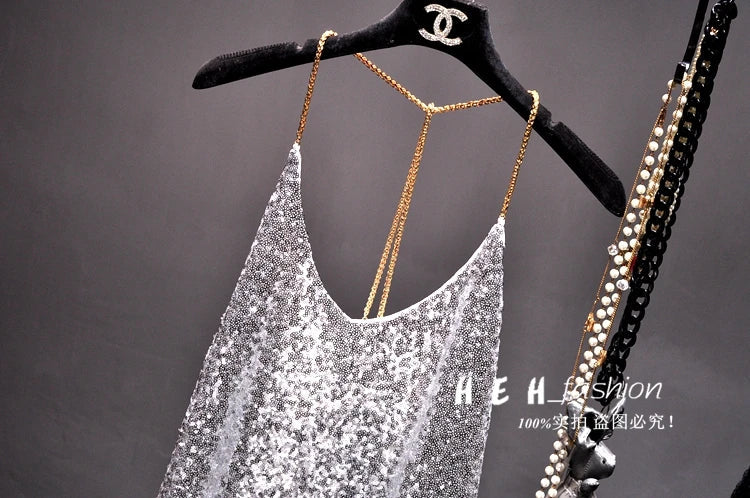 Sequins Condole Belt Vest, Women's Fashion Wear Tops 2023 Suumer Sexy Low-cut Loose T-shirts tank top  tops