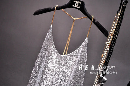 Sequins Condole Belt Vest, Women's Fashion Wear Tops 2023 Suumer Sexy Low-cut Loose T-shirts tank top  tops