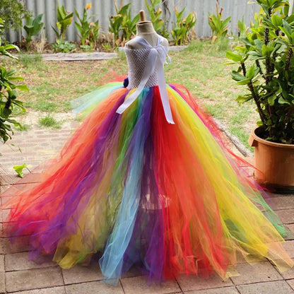Baby Girls Rainbow Color Trailing Tutu Dress Kids Crochet Flower Tulle Dress Ball Gown Children Evening Party Costume Dresses