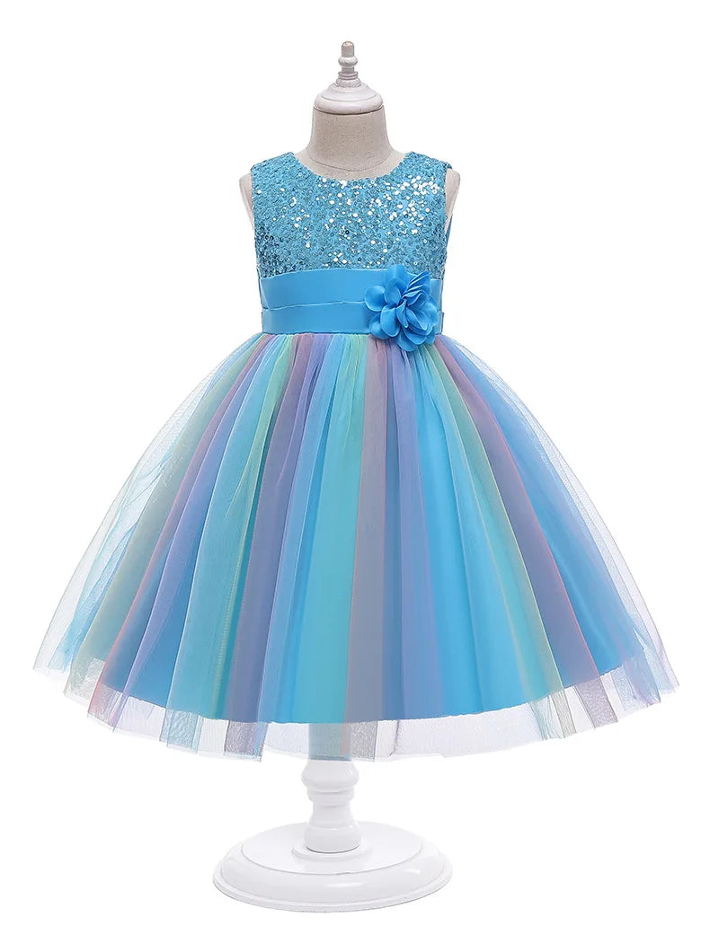 3-12T Sequins Girls  Perform Prom Dress Rainbow Little Princess Piano Banquet Formal Gala Clothes Wedding Sequins Evening Dress