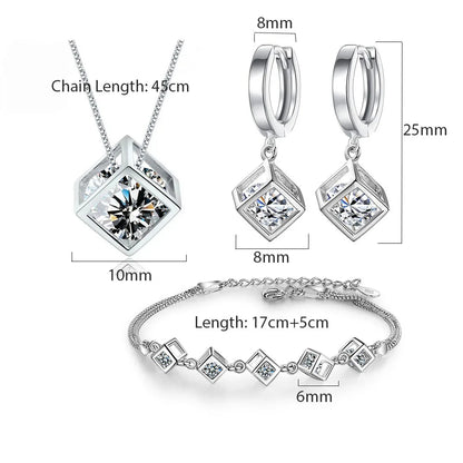 ANENJERY Silver Color Luxury Shiny Square Cube Necklace Earrings Bracelet For Women Gift Zircon Anniversary Gift