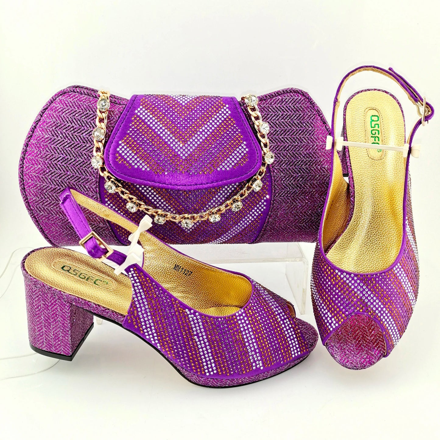 Newest Orange Color Good Quality Shining Printing Material Ladies Shoes and Bag Set African Concise Style For Wedding Party