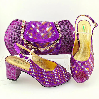 Newest Orange Color Good Quality Shining Printing Material Ladies Shoes and Bag Set African Concise Style For Wedding Party