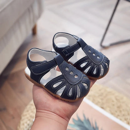 Full Genuine leather Soft sole Girls flat Sandals closed toe kids girls summer shoes
