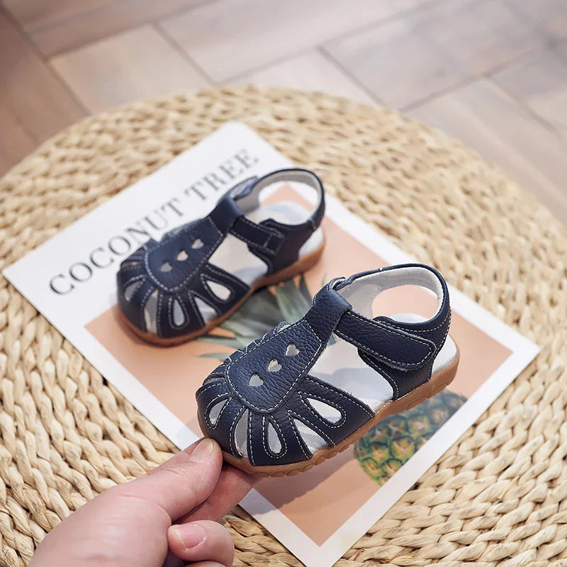 Full Genuine leather Soft sole Girls flat Sandals closed toe kids girls summer shoes