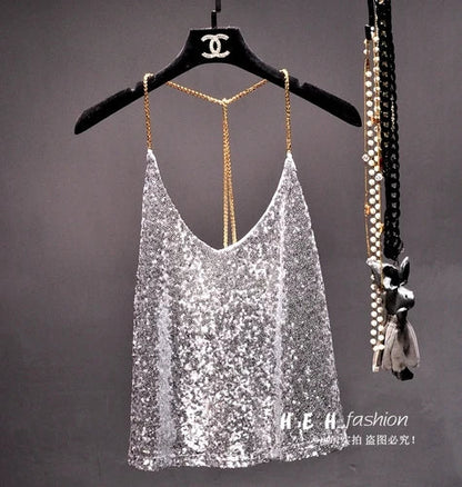 Sequins Condole Belt Vest, Women's Fashion Wear Tops 2023 Suumer Sexy Low-cut Loose T-shirts tank top  tops