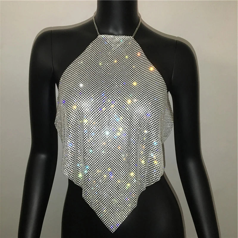 Fashion Summer Backless Tank Top Women Shiny Rhinestone Metal Sequins Halter Neck Camisole Rave Festival Party Crop Tops