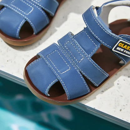 Children frosted genuine leather beach sandals boys barefoot non-slip sandals with cowhide lining baby soft Navy blue sandals
