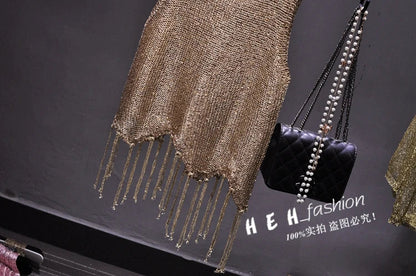 Sexy Shiny Gold Silver Knitted Tank Tops Women Bling Bling Sequined Tassels Knitted Vest  All Neon Store Clothes  Korean