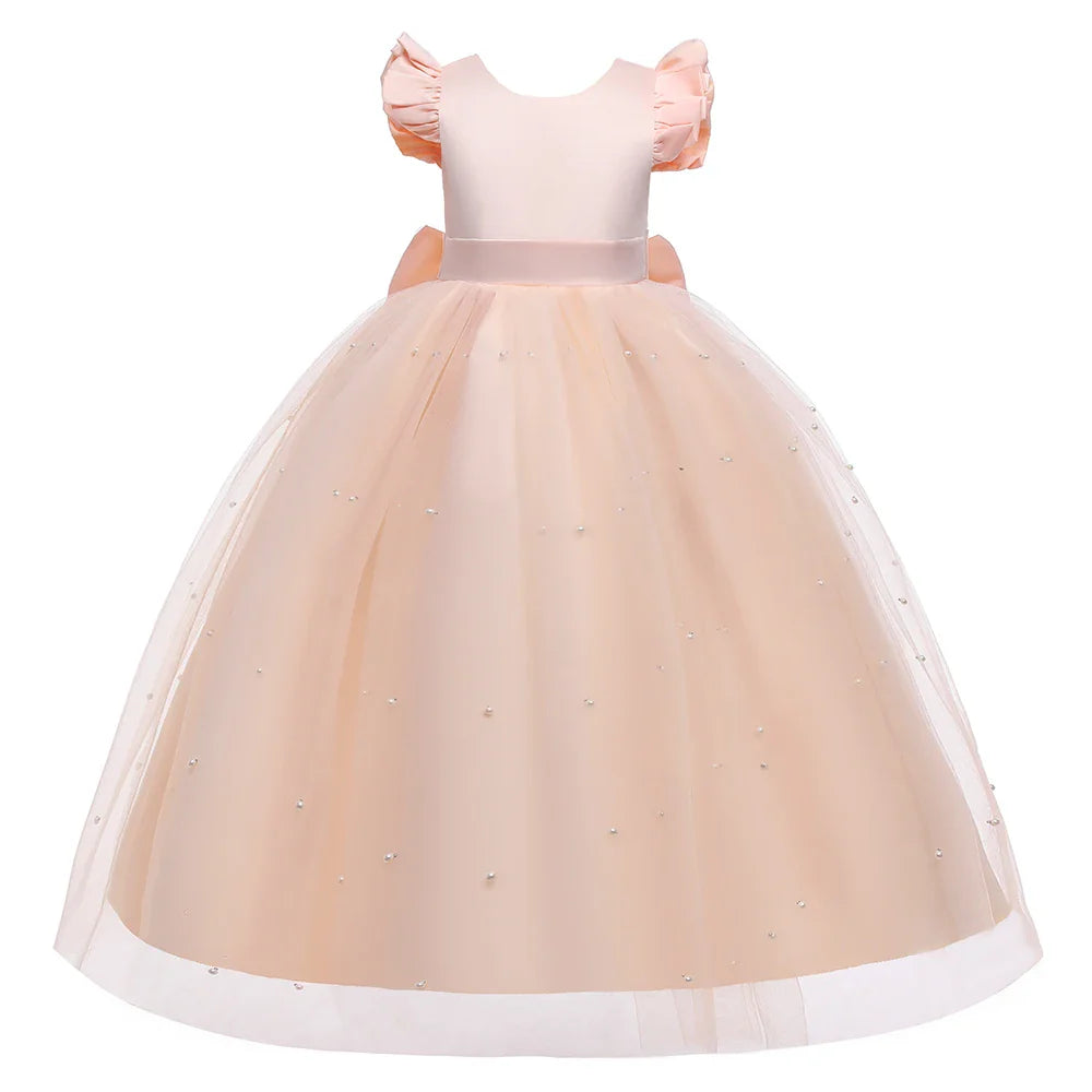 Teen Big Bow Girls Princess Dresses for Bridesmaids Kids Party Dress for Girl Beading Wedding Prom Pageant Dress Gown 5-14 Years