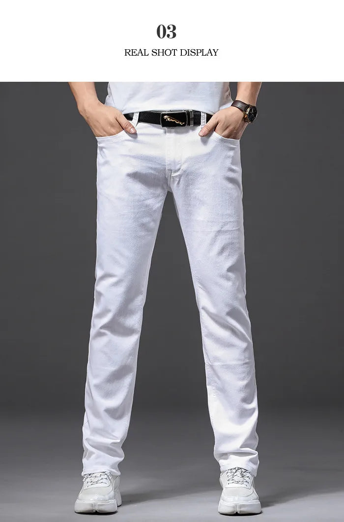 Men White Jeans Fashion Casual Classic Style Slim Fit Soft Trousers Male Advanced Stretch Pants