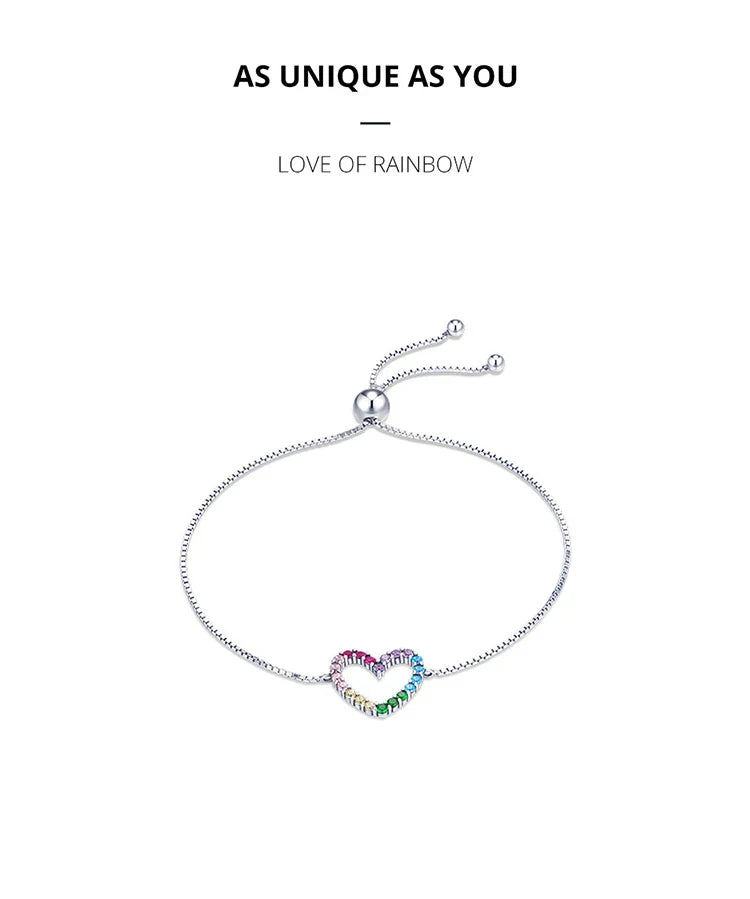 925 Sterling Silver Colorful Heart Pattern Adjustable Bracelet Love Zircon Chain for Women Fine Jewelry SCB216
