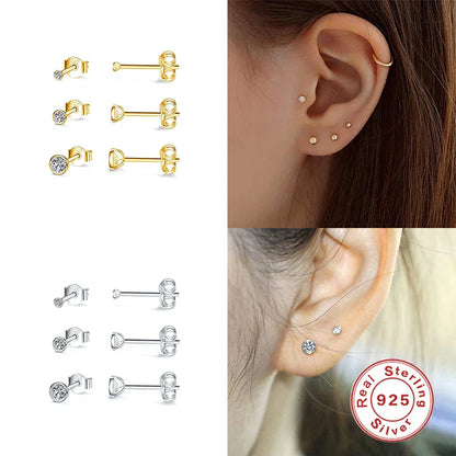 3pcs/set Bling Zircon Earring 925 Sterling Silver Cute Mini Heart Star Stud Earrings Ear Bone Earlobe Piercing Jewerly