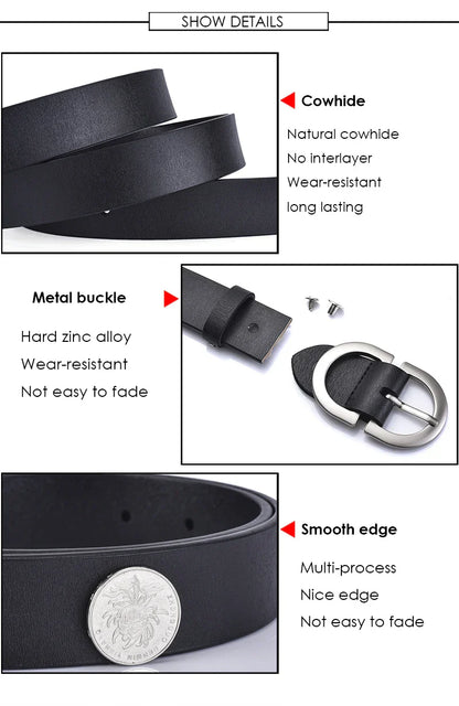 Official Authentic Woman Leather Belt Golden Alloy Buckle Natural Cowhide Ladies Jeans Belt Trousers Belt Female ZK105