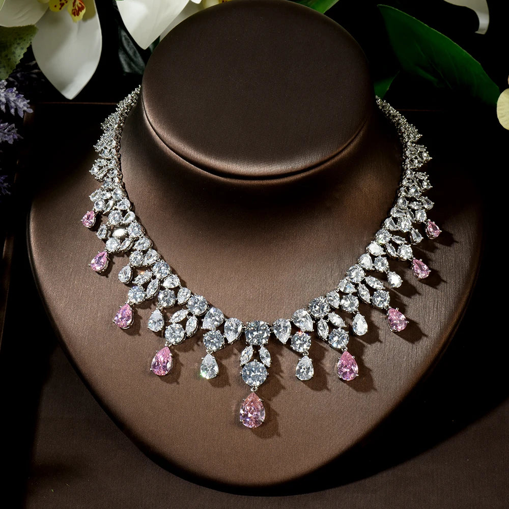 Wedding Jewelry Nigerian Design Cubic Zirconia Large Bridal Choker Necklace Earrings Sets For Women bijoux N-1454