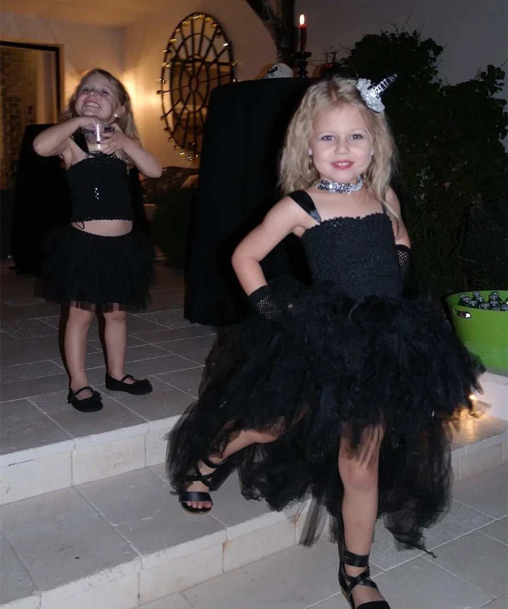 Vestido Tutu Rosa e Preto para Meninas, Vestido de Tule com Cauda e Decote V para Festa de Aniversário, Vestido de Baile para Meninas, Fantasias de Halloween Infantis