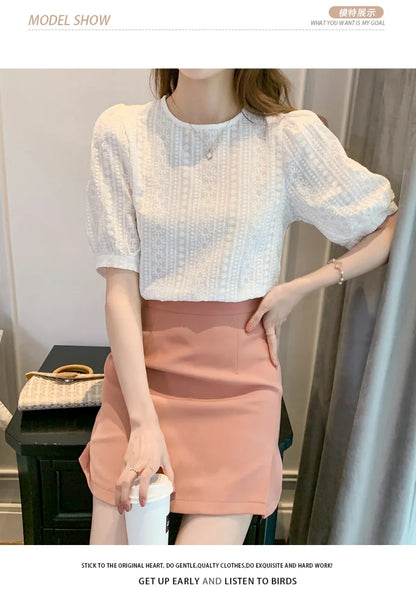 Korean Embroidery Floral Blouse Women Summer New Sweet Loose Lace Shirt Women's 2025 Short Sleeve O Neck Casual White Tops 15217