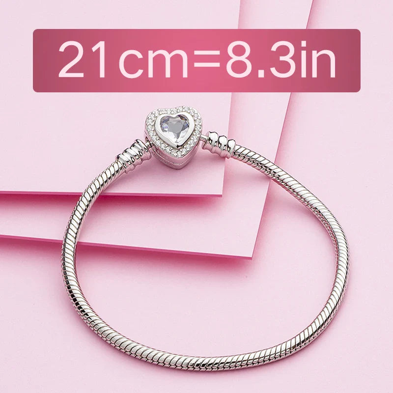 Authentic 100%  925 Sterling Silver Snake Chain Bangle & Bracelet with CZ Love Heart Clasp Charms Bracelets for Women
