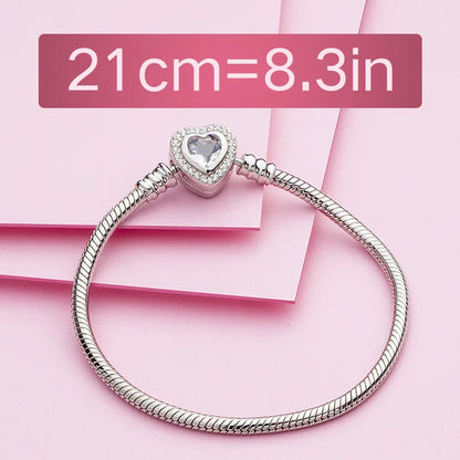 Authentic 100%  925 Sterling Silver Snake Chain Bangle & Bracelet with CZ Love Heart Clasp Charms Bracelets for Women