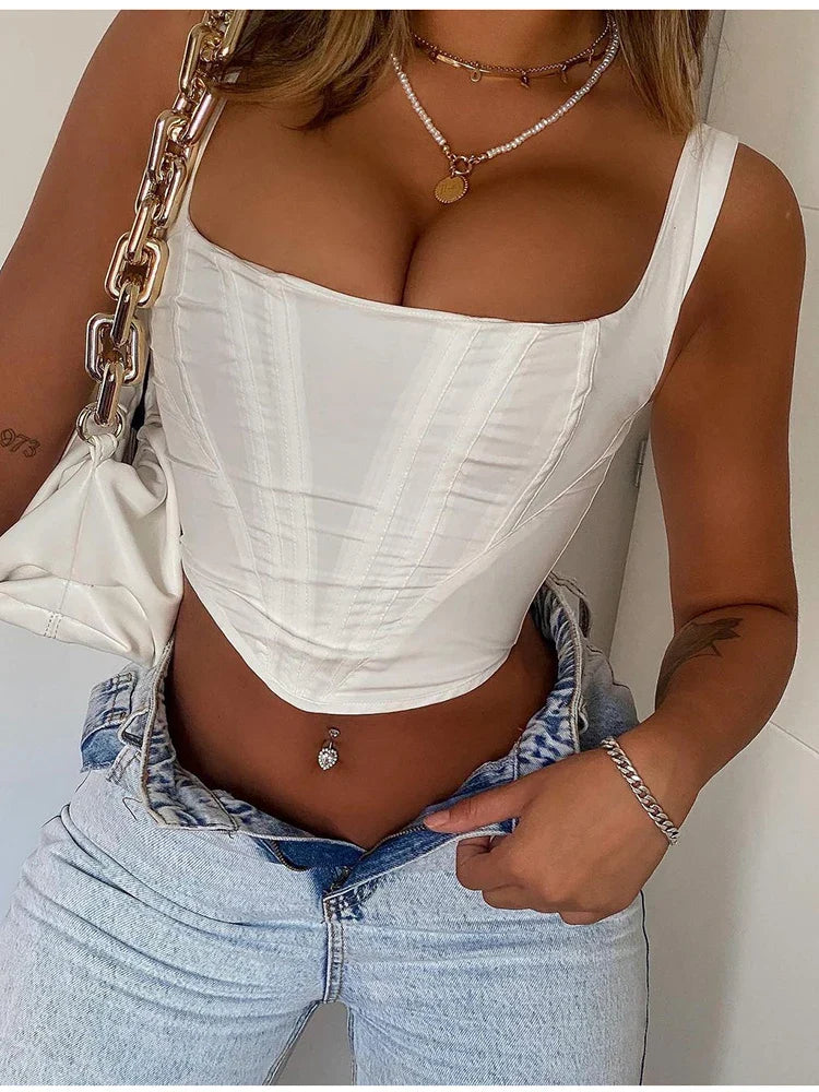 NewAsia Boning Corset Top Zipper 2Layer Elastic Solid Color Square Neck Slim Fit Bustier Women Summer Crop Tank Top Fashion Vest