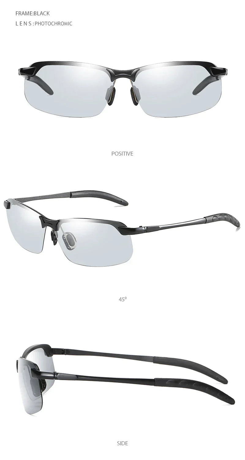 Half-frame Photochromic Sunglasses Men Women Vintage Metal Polarized Sun Glasses For Male Night Vision Driving Shades