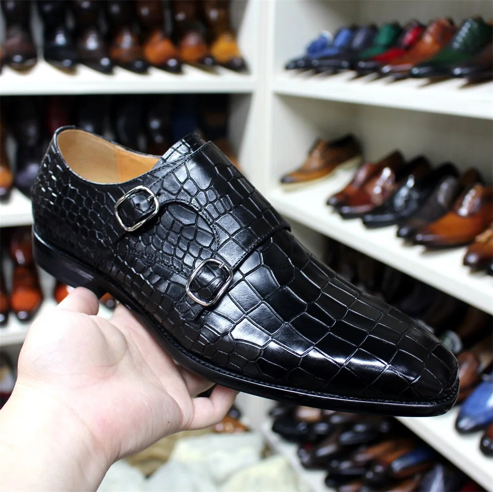 Men's Luxury Italian Real Leather Pointed Toe Double Buckle Formal Business Black Shoes Alligator Print for Business Casual Wear