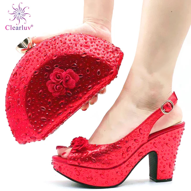 Italian Women Shoes and Bag Set Decorated with Rhinestone In Party African Italian Shoes and Bag Set Party Shoes Bag