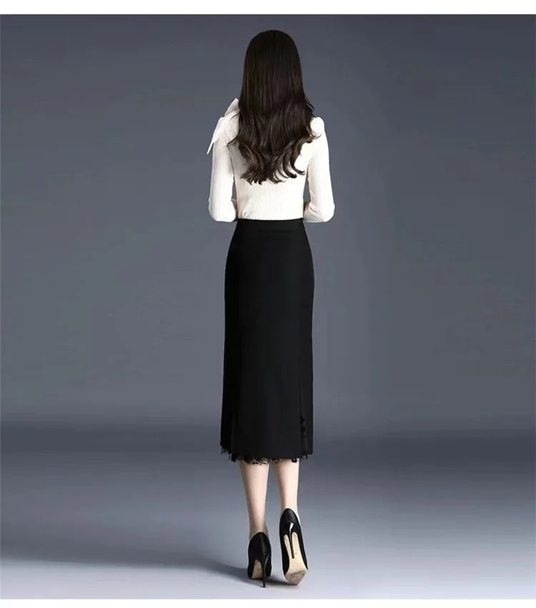 2026 Women Spring Summer Irregular Mesh Skirt Band Splice High Waist Skirt Knee Khaki Split Office Lady Skirt