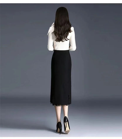 2026 Women Spring Summer Irregular Mesh Skirt Band Splice High Waist Skirt Knee Khaki Split Office Lady Skirt