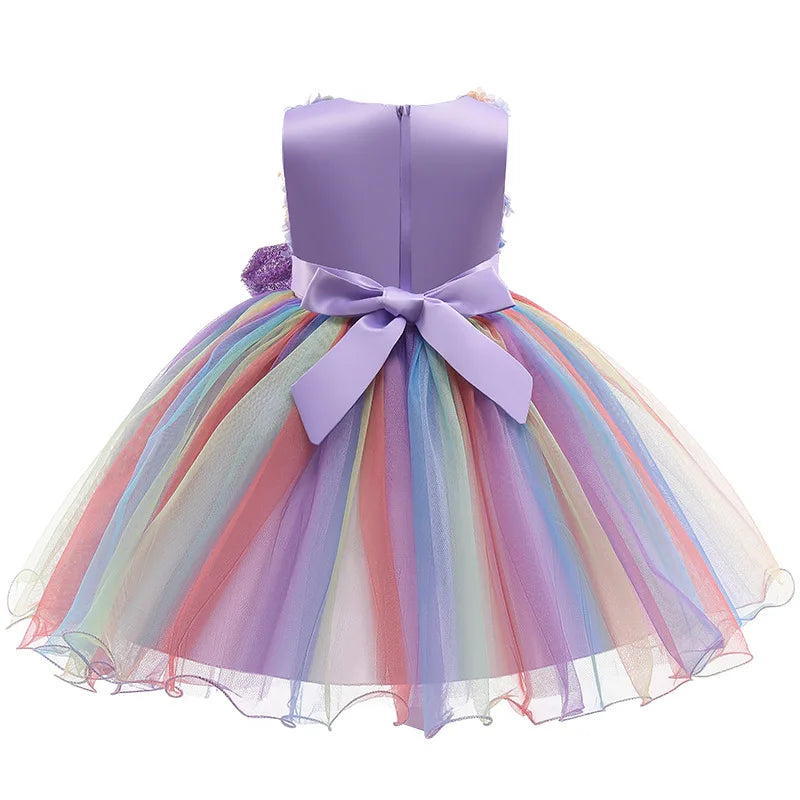 High Quality Summer Girls Dress Rainbow Mesh Bow Birthday Party Dance Costume Little Princess Dress Kids Clothes 1-10 Years Old