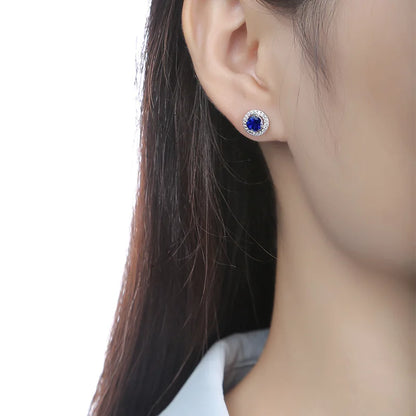 5mm Round Sapphire Halo Earrings for Women 100% 925 Sterling Silver Wedding Stud Earrings Fine Jewelry Plated White Gold Gift