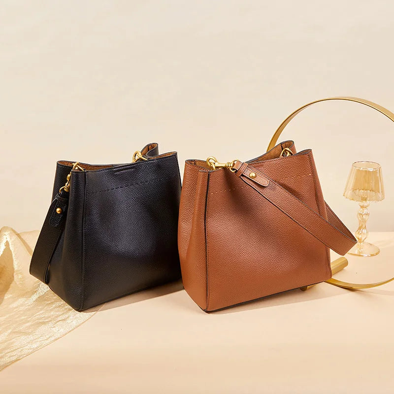 Genuine Leather Casual Shopper Shoulder Bag Commuter Large Bucket Handbag Simple High Quality Women Tote Underarm Bags