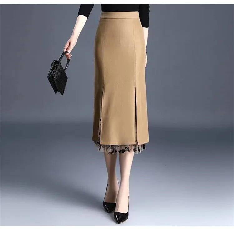 2026 Women Spring Summer Irregular Mesh Skirt Band Splice High Waist Skirt Knee Khaki Split Office Lady Skirt