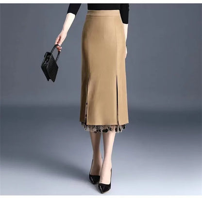 2026 Women Spring Summer Irregular Mesh Skirt Band Splice High Waist Skirt Knee Khaki Split Office Lady Skirt