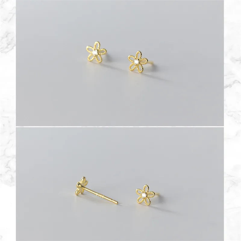 Real 100% 925 Sterling Silver Cute Sweet Hollow Mini Small Flower Geometric Stud Earrings for Women Korean Fine Jewelry