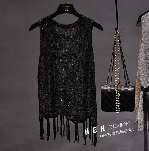 Sexy Shiny Gold Silver Knitted Tank Tops Women Bling Bling Sequined Tassels Knitted Vest  All Neon Store Clothes  Korean