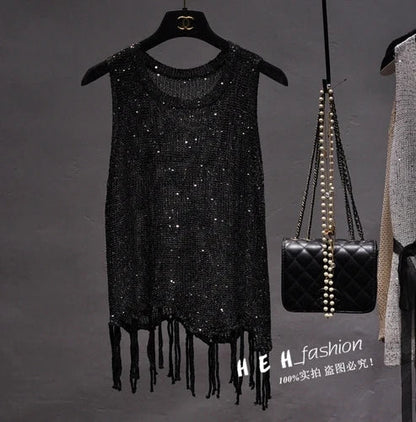Sexy Shiny Gold Silver Knitted Tank Tops Women Bling Bling Sequined Tassels Knitted Vest  All Neon Store Clothes  Korean
