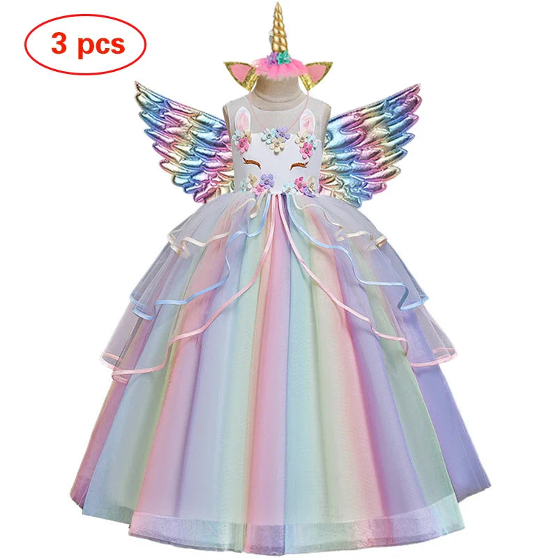 Vestido Longo de Festa de Casamento Unicórnio Arco-Íris para Menina Vestido de Performance de Dança de Personagem de Unicórnio para Festa de Aniversário de Menina Conjunto de Três Peças