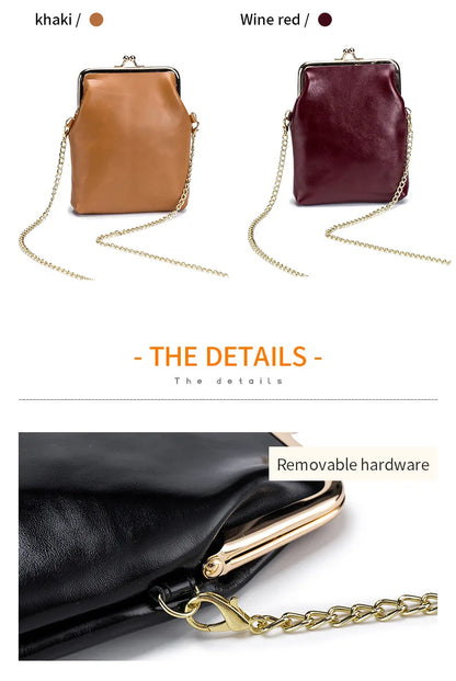 Vintage Genuine Leather Women Clip Bags Small Chain Crossbody Bag Fashion Kiss Lock Phone Bags High Quality Daily Purse Bag