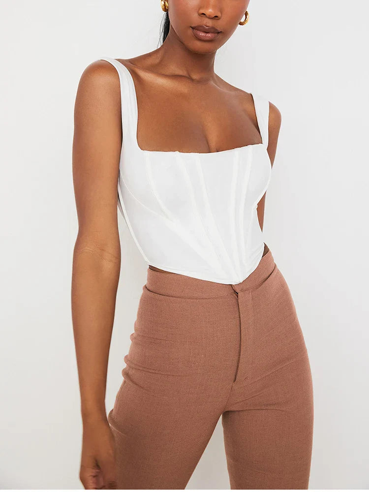 NewAsia Boning Corset Top Zipper 2Layer Elastic Solid Color Square Neck Slim Fit Bustier Women Summer Crop Tank Top Fashion Vest