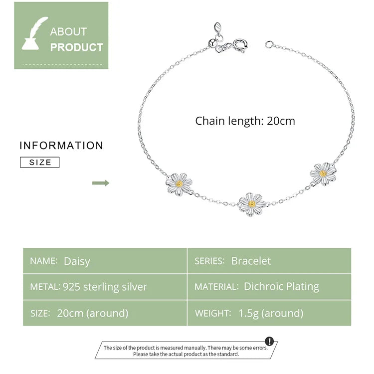 Daisy Flower Link Bracelet for Women Genuine 925 Sterling Silver Fresh Lovely Gifts Anti-allergy Gift Fine Jewelry SCB165