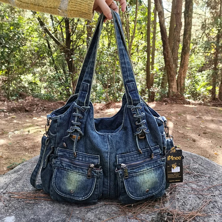 Women's Denim Bag Y2K Vintage Blue Jean Purse and Handbags Crossbody Shoulder Wallet Large Capacity