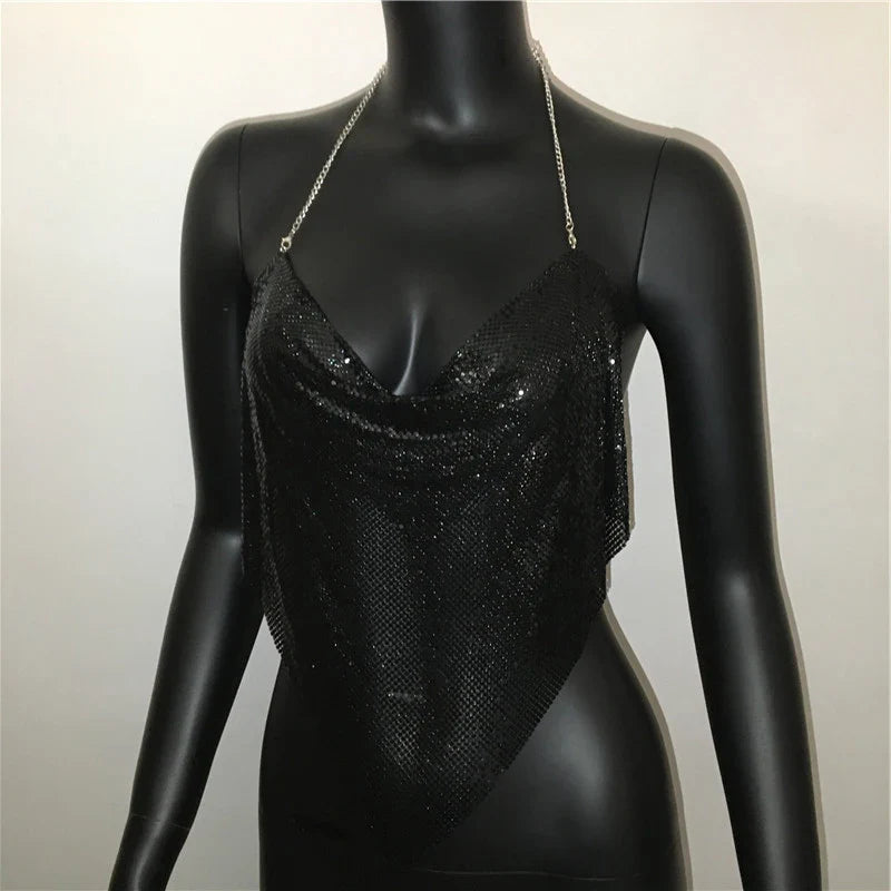 Women Solid Sequined Metal Camis Top 2025 Sexy Halter Backless V Strappy Party Nightclub Vest Cropped Tops