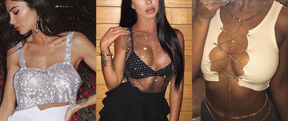 New Sexy Backless Metal Sequined Solid Camis Sleeveless Halter Hollow Out V Neck Adjustable Chain Women Nightclub Crop Tops